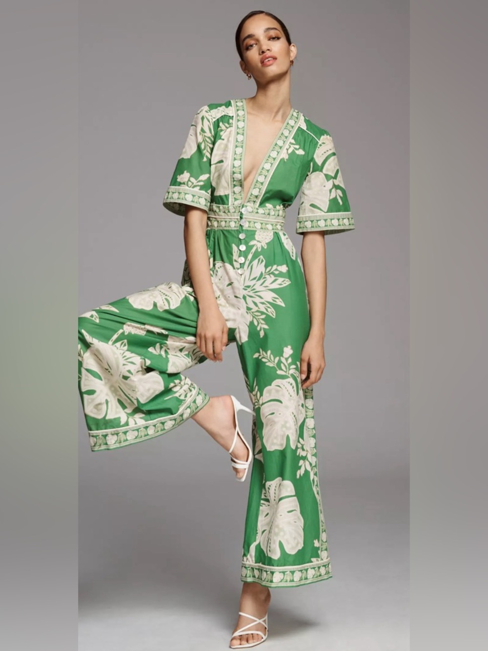 Farm Rio Monstera Green and White Wide-Leg Jumpsuit size XL NWT